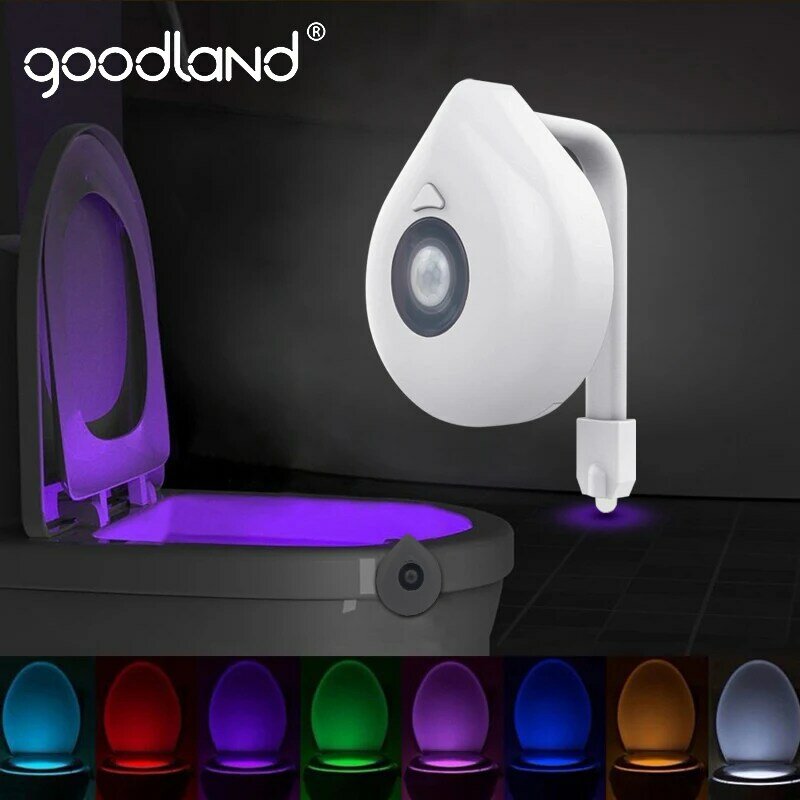 Goodland led luz do banheiro pir sensor de movimento noite lâmpada 8 cores backlight wc tigela assento banheiro luz da noite para crianças