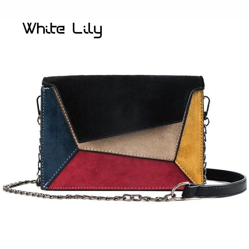 New Women's Patchwork Color Nubuck Leather Shoulder Bag Chain Crossbody Bag Small Hasp Handbag Ladies Messenger Bag