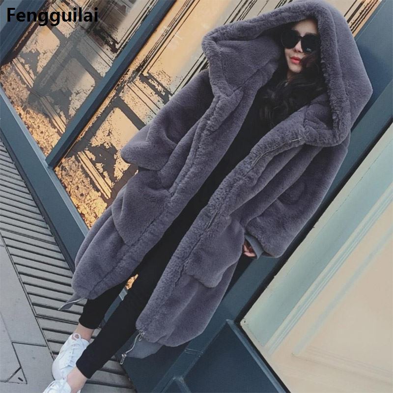 Inverno quente com capuz tamanho grande comprimento médio cor sólida pele & pele do falso novo casual manga longa casaco de pele feminina