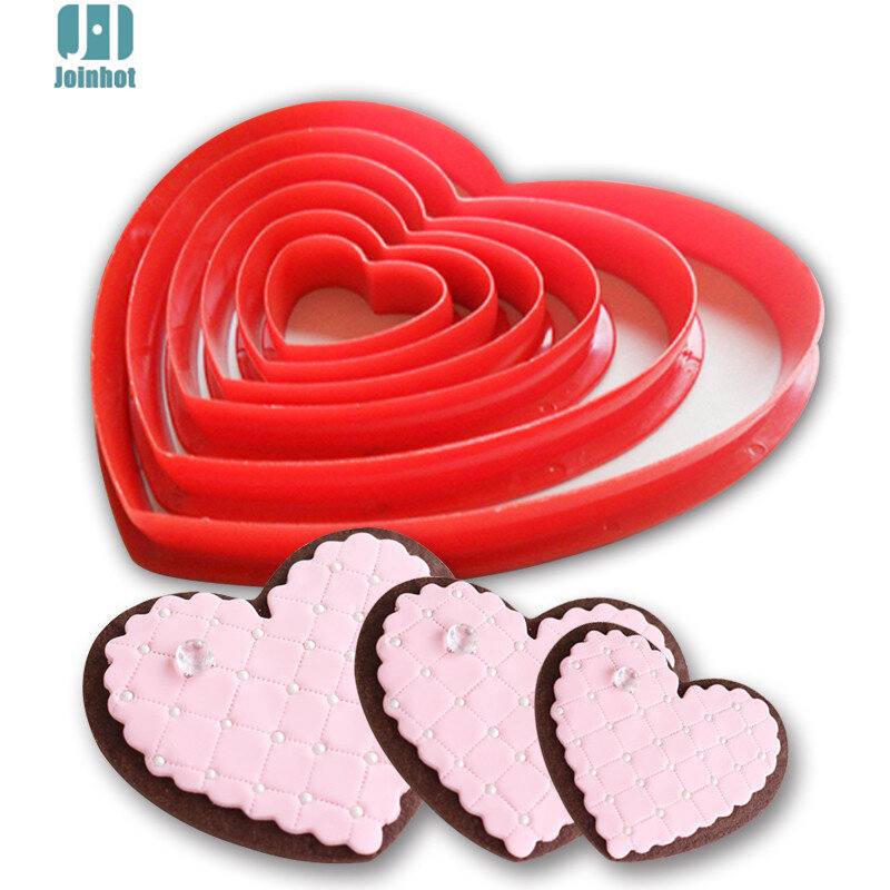 심장 모양의 플라스틱 케이크 금형 쿠키 커터 비스킷 스탬프 퐁당 설탕 공예 과자 케이크 장식 도구, 6 개/세트