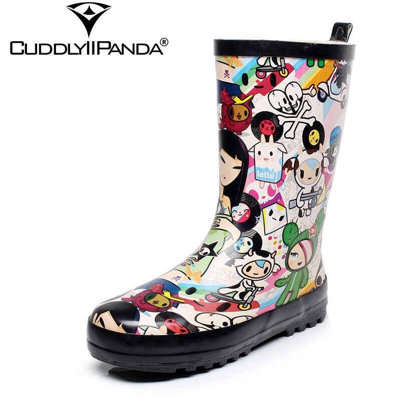 CuddlyIIPanda-Botas de chuva femininas pintadas à mão, botas de desenho até o joelho, botas kawaii fofas, verão, novas
