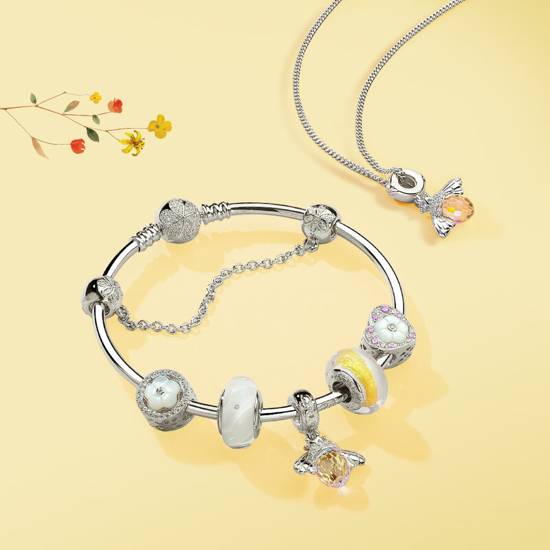 ATHENAIE clásico nuevo 925 Plata de ley con cristales colgantes de abeja collar fit pulsera brazalete para Mujer Accesorios de joyería