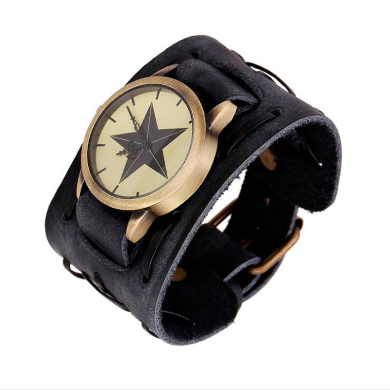 Reloj de pulsera de cuero de vaca ancho Retro para hombres, relojes de pulsera Vintage, reloj de cuarzo de estrella grande informal, envío directo
