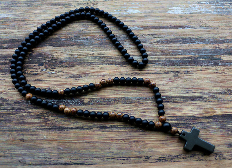 6mm preto pedra contas de madeira com pedra preta cruz pingente rosário dos homens colar mala jóias