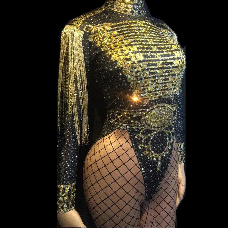 Tenue de luxe pour femmes, tenue de danse, spectacle sur scène, Costume de discothèque, combinaison de chanteur, scintillante, cristaux noir et or, body avec pompon