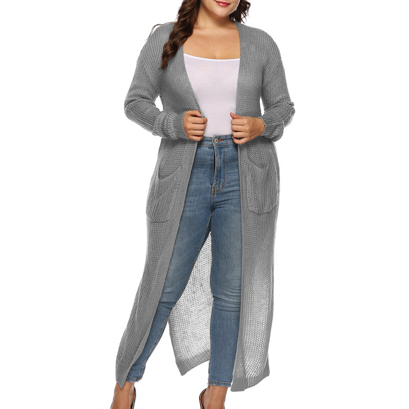 PGSD ropa de mujer de talla grande Simple color puro mangas largas bolsillo grueso largo tejido Forking suéter cárdigan femenino XXXL