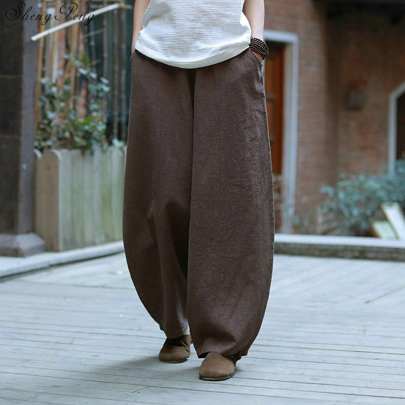 Брюки женские из хлопка и льна, Свободные повседневные штаны, длинные модные брюки-султанки, Q757, лето-осень