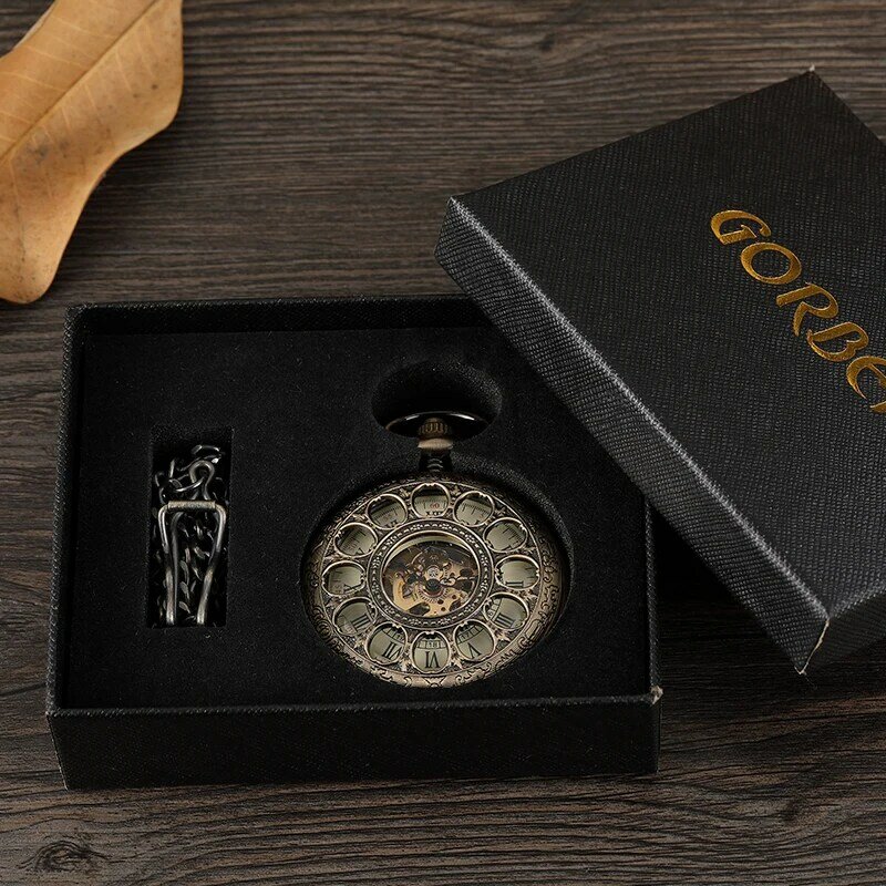Z brązem wydrążonym w stylu Vintage mechaniczny zegarek kieszonkowy męski Skeleton rzeźbiony Steampunk Fob ręcznie zegarek na łańcuszku naszyjnik damski prezent dla mężczyzny