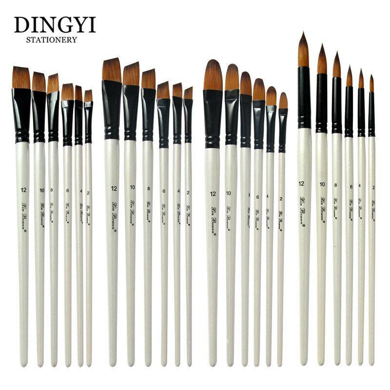 6pc Fine Nylon Hair Pearl White Wooden Handle Paint brush Oil Watercolor Paint Brushes for Acrylic Painting Drawing Art Supplies
