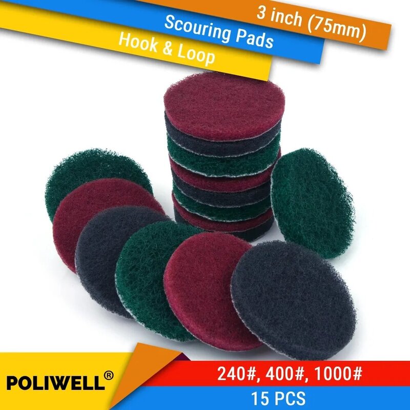 Flocagem Industrial Scouring Pads, Nylon Polimento Pad para Limpeza de Cozinha, Heavy Duty Scrub Pad, 240 #, 400 #, 1000 #, 3 ", 75mm, 15pcs