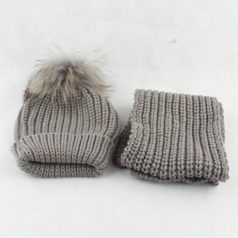 Bonnet et écharpe en coton tricoté avec pompon en vraie fourrure pour enfants de 3 à 10 ans, ensemble de chapeaux chauds d'hiver pour garçons et filles