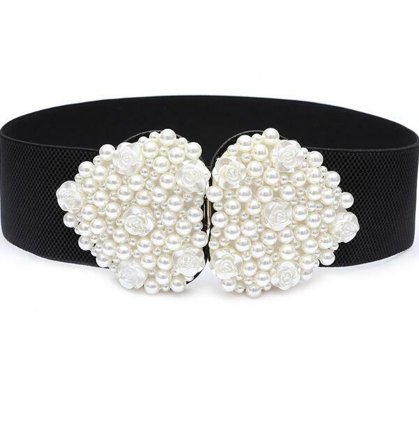 Women's runway fashion pearl beaded elastic Cummerbunds female Dress Corsets Waistband Belts decoration wide belt R1468