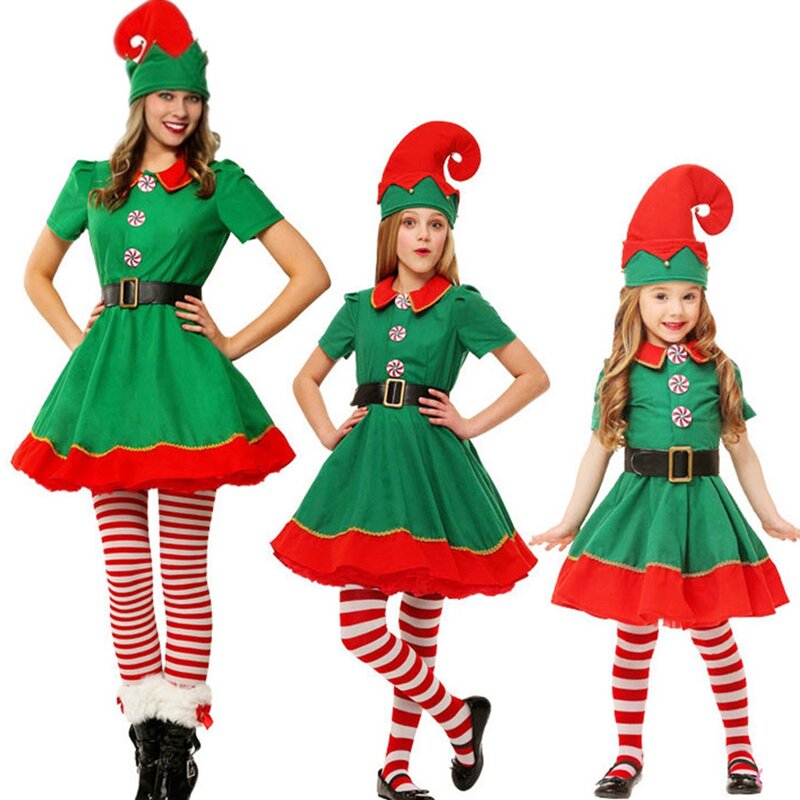 Kostum Santa Klaus Natal Cosplay Elf Hijau Pesta Karnaval Keluarga Tahun Baru Setelan Pakaian Gaun Mewah untuk Pria Wanita Anak Perempuan Anak Laki-laki
