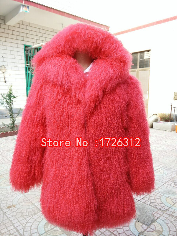 Women real mongolian sheep fur coat hooded beach wool medium long fur coat sheepskin overcoat winter fur outerwear female jacket