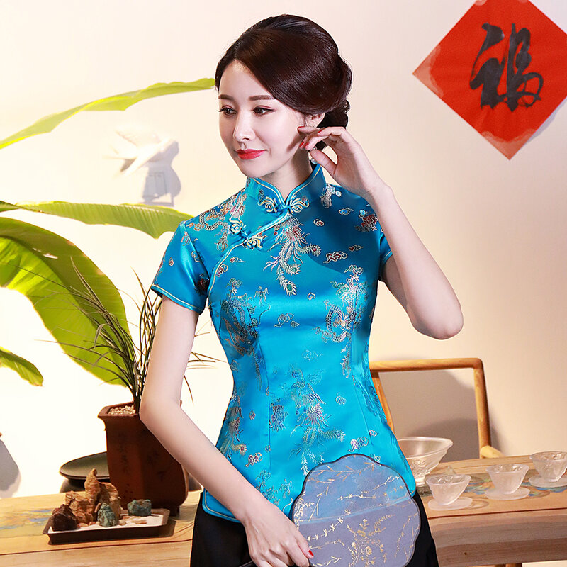 Oversize 3XL 4XL kobiety satynowa koszula lato Vintage chiński styl bluzka smok damska odzież ślubna tradycyjne klasyczne koszulki