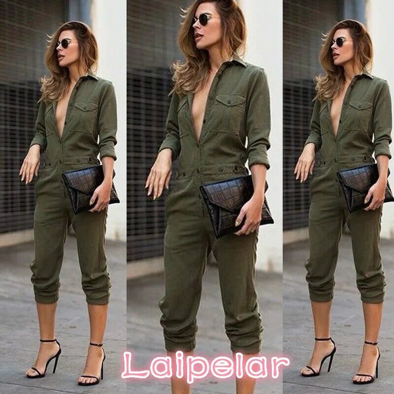 Комбинезон женский облегающий, пикантный однотонный боди армейского зеленого цвета с длинным рукавом, винтажное боди-трико, длинный комбинезон