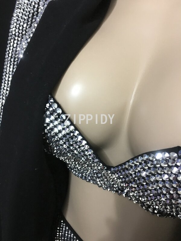 Świecący srebrne kryształki biustonosz krótki kurtka Sexy strój zestaw kobiet piosenkarka tancerz nosić czarny etap nosić urodziny Party strój bar