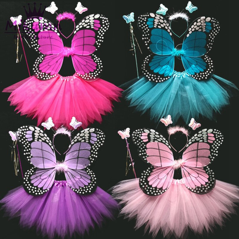 子供のためのレースのフレアスカートとヘッドバンド,4個,光沢のある蝶のウィング,スカート,クリスマス,ハロウィーン,コスプレコスチューム,13色