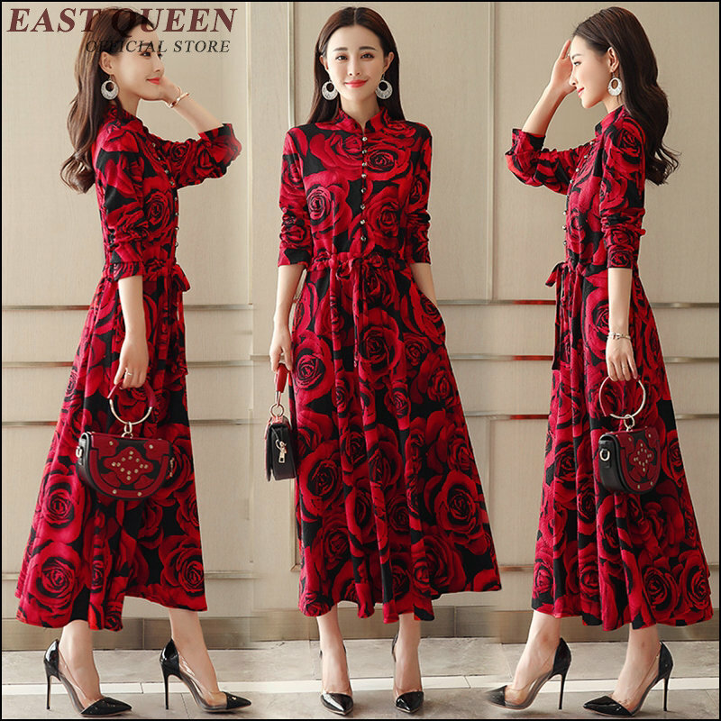 Autumn women dress bodycon full sleeve bud sashes floral print mid-calf mandarin collar tunic elegant ladies dresses AA3488 L