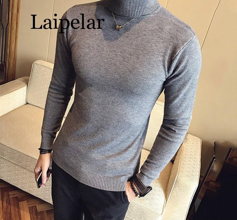 Осенние новые мужские свитера Laipelar с высоким воротником, мужские черные, серые Сексуальные облегающие вязаные пуловеры, однотонные Повседневные свитера, вязаная одежда