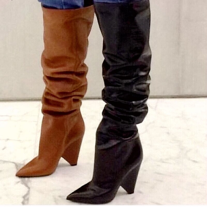 Botas de salto alto 9cm, botas femininas com pele falsa, para inverno, sapato de neve, mulher, couro preto sobre o joelho botas longas de inverno