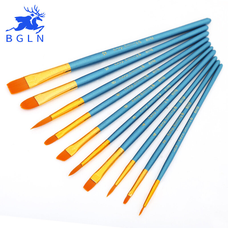 BGLN 10 ชิ้น/เซ็ตสีน้ำGouacheแปรงที่แตกต่างกันรูปร่างRound Pointed Tipไนล่อนจิตรกรรมชุดแปรงอุปกรณ์ศิลปะ