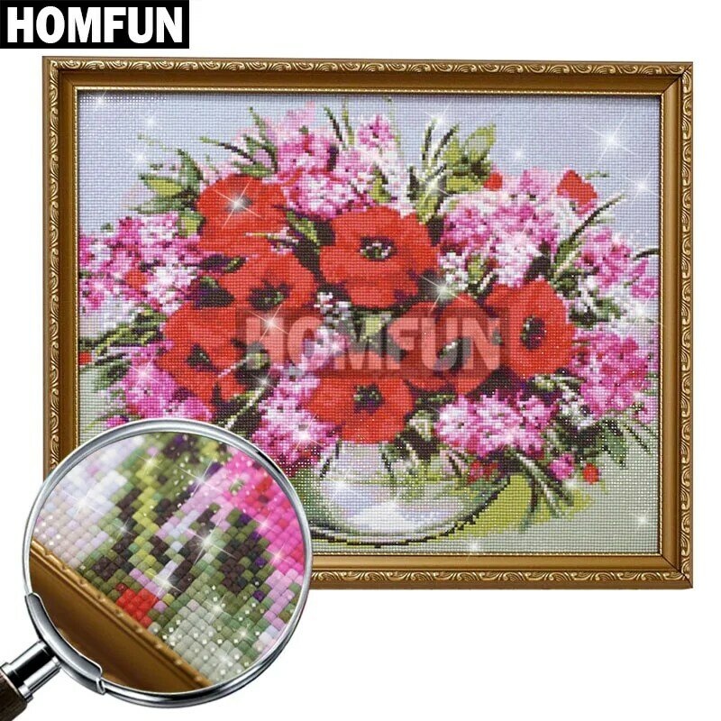 HOMFUN 5D DIY Lukisan Berlian Persegi Penuh/Bulat Bor "Bunga Buah" 3D Bordir Kruistik Hadiah Dekorasi Rumah 0000327