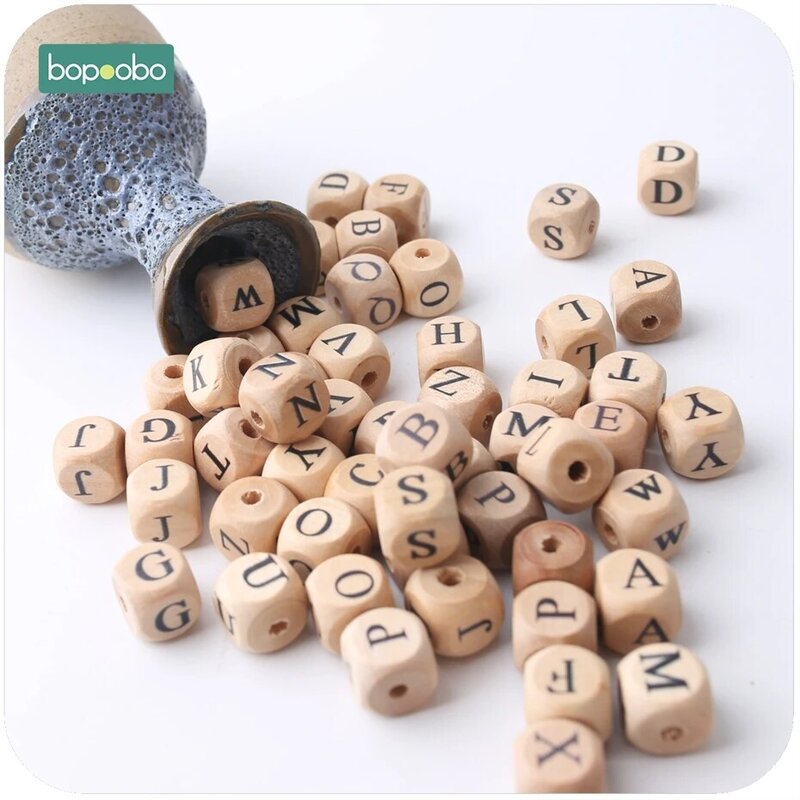 Bopoobo-Madeira Maple Praça Forma Beads, Sensorial Mastigação Toy, mordedor Food Grade, Letra Beads, Artesanato DIY, 12mm, 20 pcs