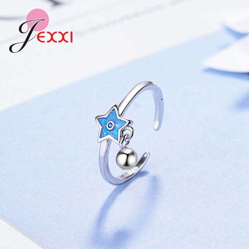 Miçangas artesanais de alta qualidade com pingente azul com estrela anel aberto para mulheres design joias de casamento estilosas 925 prata esterlina