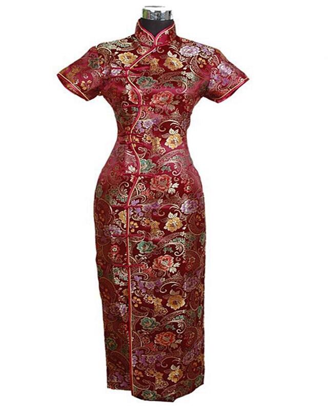 Cheong-sam chinês vestido longo de Qipao para mulheres, preto, cetim, flor, S, M, L, XL, XXL, XXXL, J0024, moda