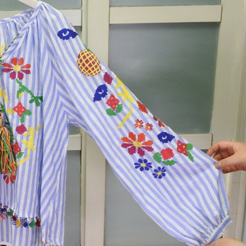 Camisa bordada Vintage para mujer, Túnica holgada de manga larga con cordones y flecos, blusa étnica de algodón blanco, ropa de verano