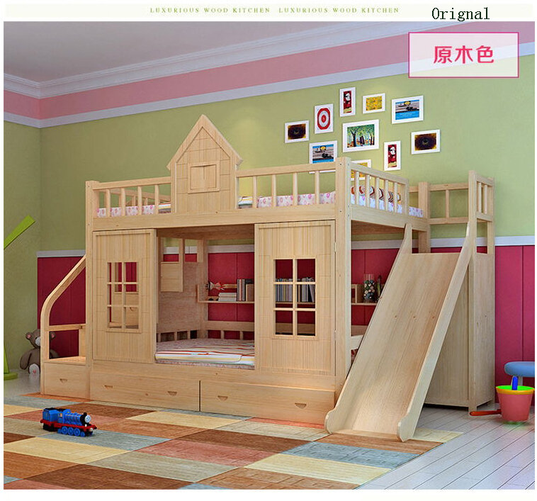 Lit superposé en bois massif moderne pour enfants, échelle, armoire, curseur, 2020