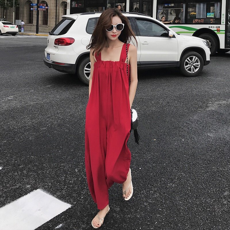 Red Bohemian Jumpsuit 2019 Summer New Strappy Bohemian Party Rompers Beach Vintage Long Wide Leg Overalls Playsuits Pants DD1987