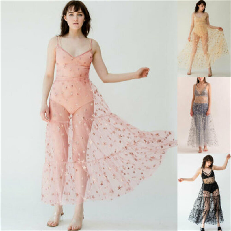 2019 Zomer Vrouwen Spaghettibandjes Tulle Lange Vrouwen Jurken Mode Bling Sparkely See Through Mesh Dress