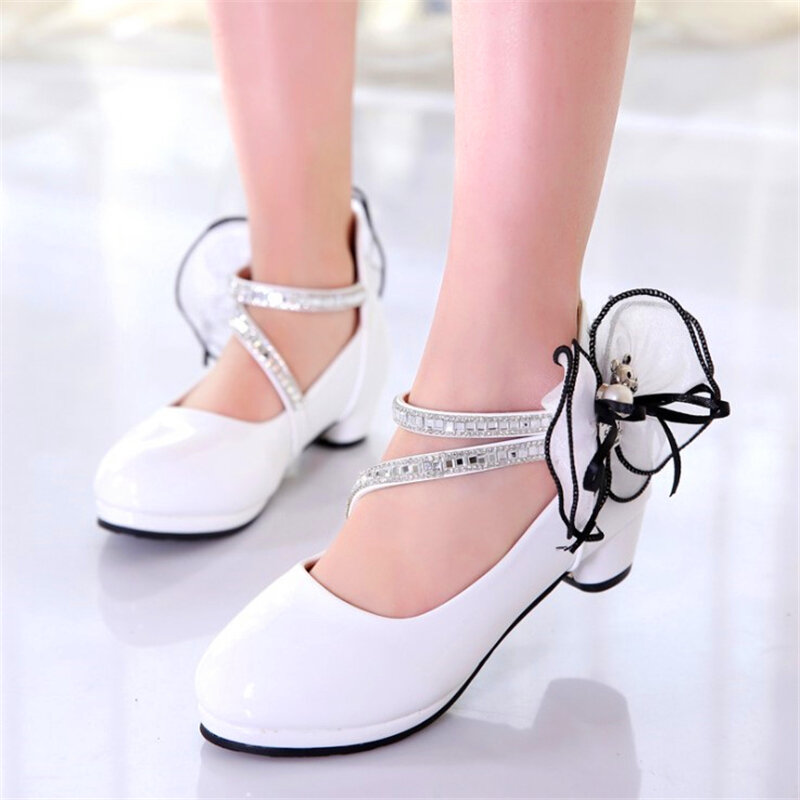 Zapatos para niñas zapatos de tacón alto PU cuero flor grande perla niñas princesa zapatos para fiesta boda niños baile zapatos