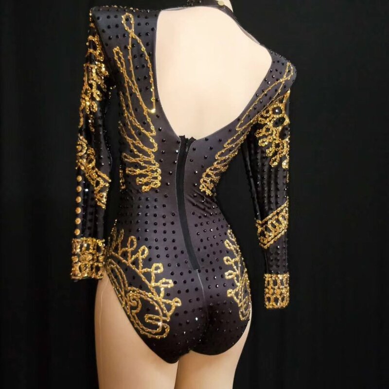 Sexy Đen Vàng Ren Sơn Tay Dài Cao Co Giãn Leotard Ca Sĩ Vũ Trang Phục Sân Khấu Nữ Sinh Nhật Của Bodysuit