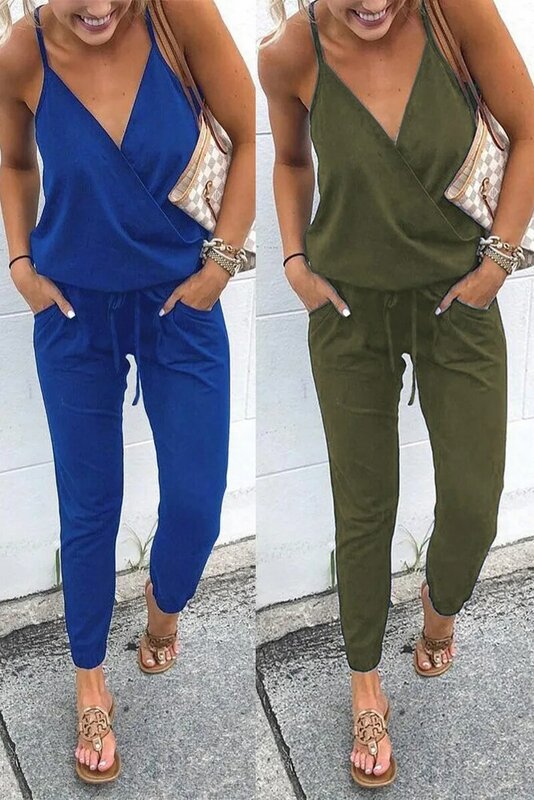 Solid Fashion Zomer Vrouwen Jumpsuit Romper Sexy V-hals Backless Lace-up Beach Bodycon strap femme Jumpsuit Overalls lange broek
