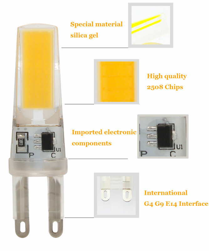 Mini lâmpada de led g9 e14, dimerizável, cob 9w, luzes de cristal, silicone, 220v, lustre, luz de cristal, quente, lâmpadas brancas, quentes