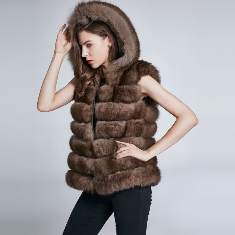 Jkp novo casaco destacável de pele de raposa real, capuz, colete longo, moda, grosso, quente, blazers de pele feminino