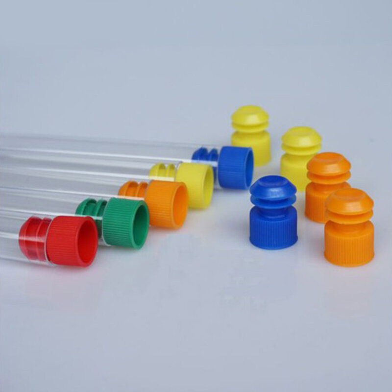 100 Pcs 12X60 Mm Tabung Uji Plastik dengan Cap Acak Warna Cap Tinggi Kualitas Bening Seperti Kaca