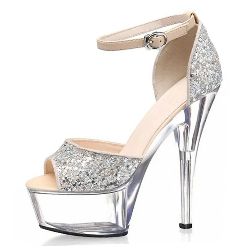 15cm high heel, platform sandals for stage banquet, silver sequined material uppers, dance shoes