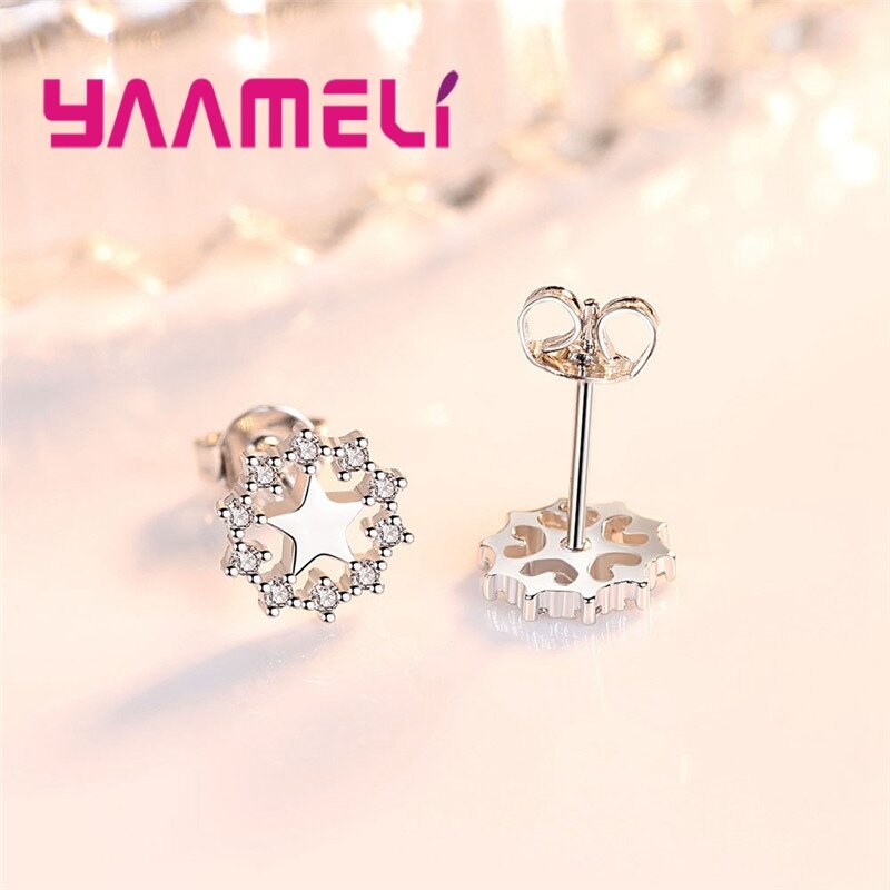 Fashion 925 Sterling Silver Holiday Christmas Party Flower Shaped Five Pointed Star Pattern Crystal Zircon Earrings