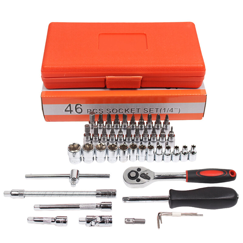 Car Repair Tool Set, Ratchet Torque Wrench Combo Kit Ferramentas, 1,4 "Soquete, Auto Reparação, 46Pcs