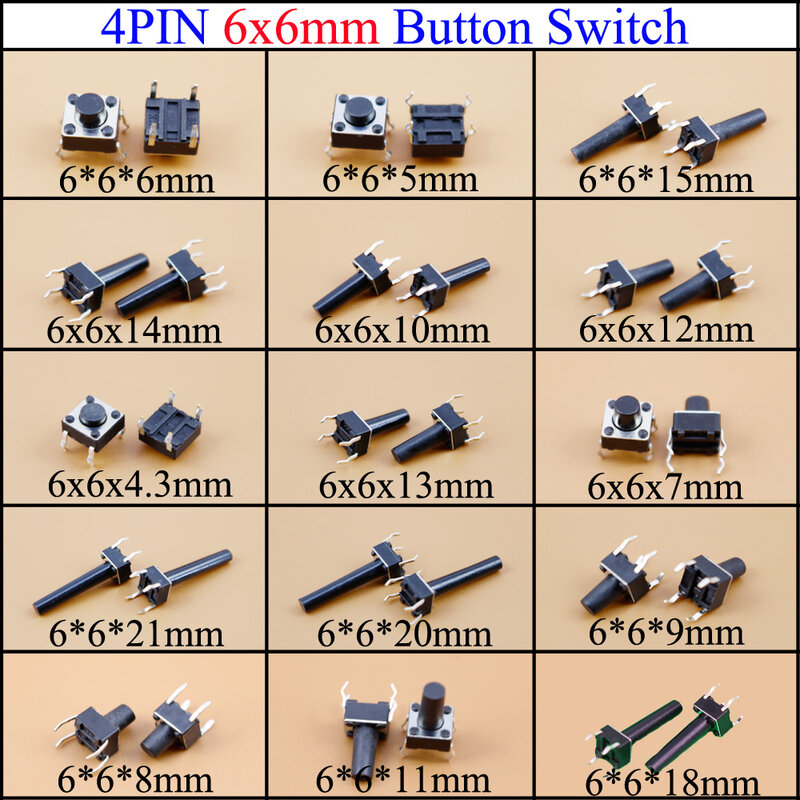 YuXi – interrupteur tactile à bouton-poussoir, 6x6x4.3/5/6/7/8/9/10/11/12/13/14/15/18/20 interrupteur à bouton tactile lumineux, 6x6mm, 21mm
