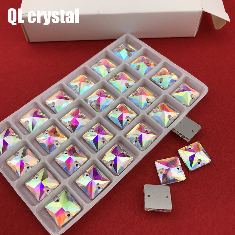 Qlcrystal Populer AB Square Menjahit Berlian Imitasi Kaca Kristal 8,10 12,14,16,22 Mm Pipih Sew-On Manik-manik Batu Gaun Kerajinan Perlengkapan