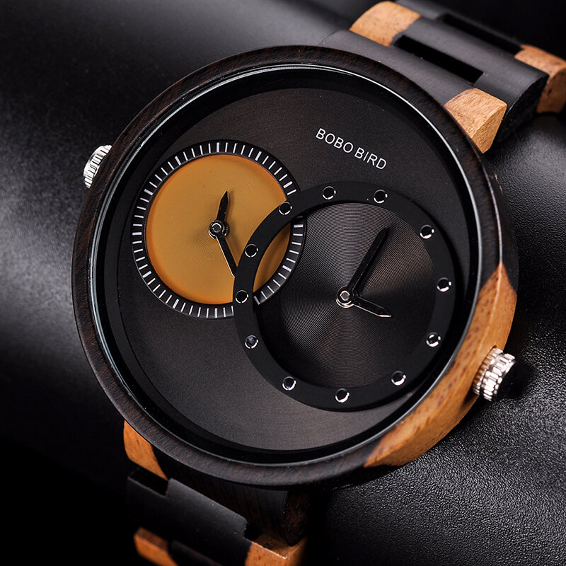 BOBO BIRD Ultra Thin Men Watch Original Wood Watches 2 Time Zone Display Quartz Wristwatch horloges mannen