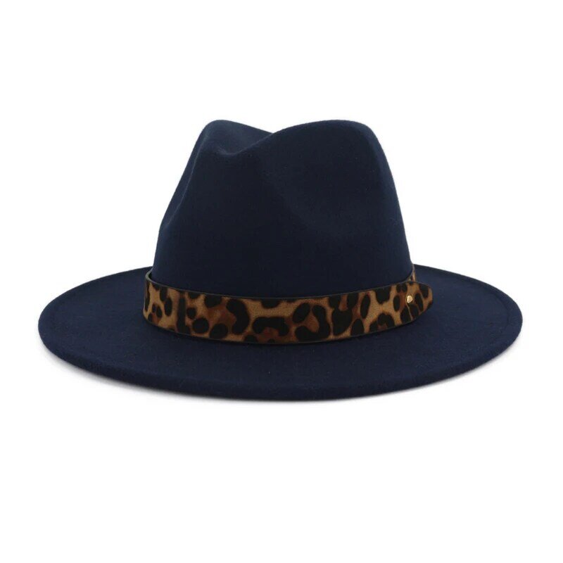 QIUBOSS Unisex Wool Felt Jazz Fedora Hats with Leopard Grain Belt Women Men Wide Brim Panama Trilby Carnival Formal Hat QB121