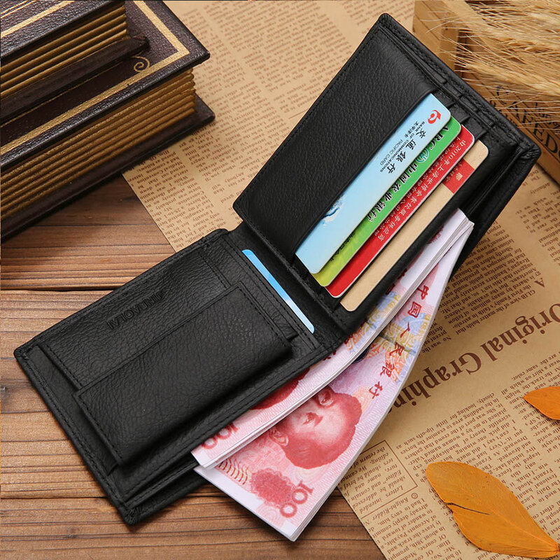 Billetera corta de cuero genuino con grabado de nombre gratis para hombre, tarjetero de bolsillo para monedas a la moda, monedero de calidad Simple