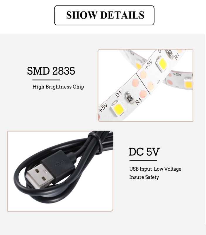 5V USB Cable LED Strip Light TV Background Lighting 1m 2m 3m 4m 5m LED SMD2835 Light Strip RGB Warm Cool White Desktop Screen