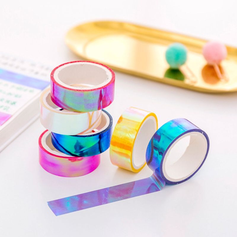 Cinta Washi láser de arcoíris brillante, cintas adhesivas decorativas de papelería para álbum de recortes, cinta adhesiva DIY